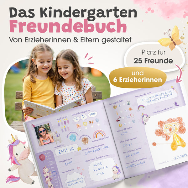 Freundeseite im Eulentaler Kindergarten-Freundebuch mit Einhörnern und Feen, kindgerechten Fragen und viel Platz zum Malen