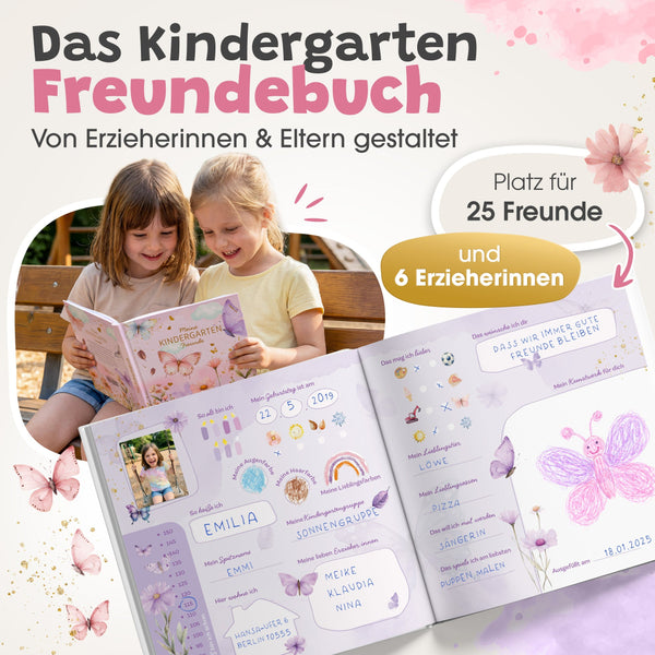 Freundeseite im Eulentaler Kindergarten-Freundebuch mit Schmetterlingen und Blumen, kindgerechten Fragen und viel Platz zum Malen