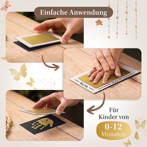 Einfache Anwendung des Eulentaler Clean-Touch-Abdrucksets: Babyhand auf die goldene Stempelfläche drücken und einen sauberen Handabdruck ohne Farbkontakt erstellen.
