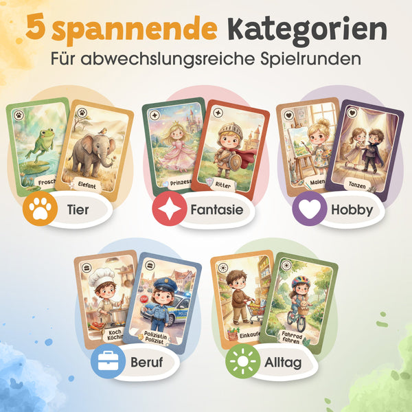 Eulentaler Pantomime-Spiel für Kinder mit fünf abwechslungsreichen Kategorien: Tiere, Fantasie, Hobbys, Berufe und Alltag.
