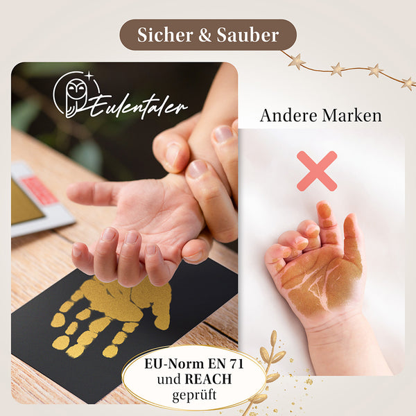 Eulentaler Clean-Touch-Abdruckset für Babys mit goldenen Handabdrücken ohne direkten Farbkontakt, im Vergleich zu herkömmlicher Abdruckfarbe, geprüft nach EN 71 und REACH.

