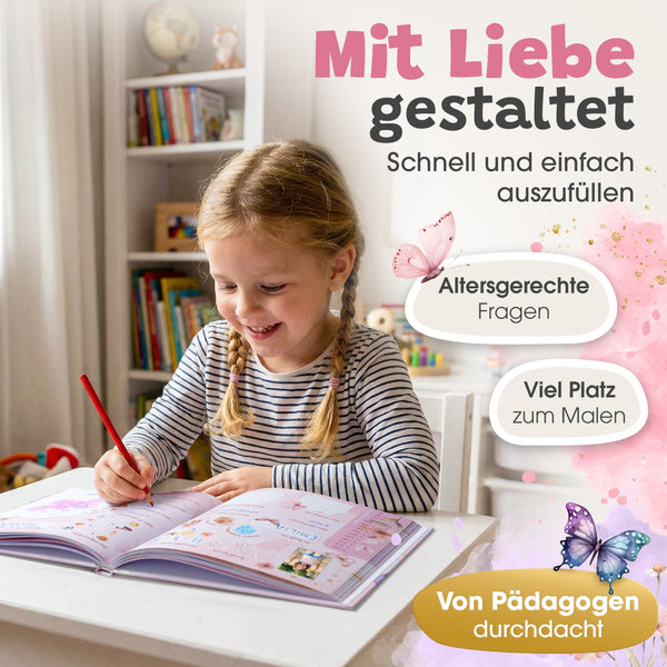 Kind füllt das Eulentaler Kindergarten-Freundebuch mit Schmetterlingen und Blumen aus, mit altersgerechten Fragen und viel Platz zum Malen