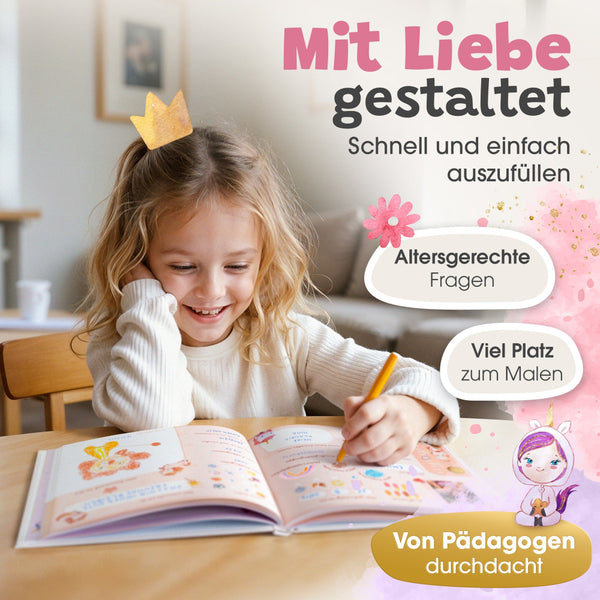 Kind füllt das Eulentaler Kindergarten-Freundebuch mit Einhörnern und Feen aus, mit altersgerechten Fragen und viel Platz zum Malen