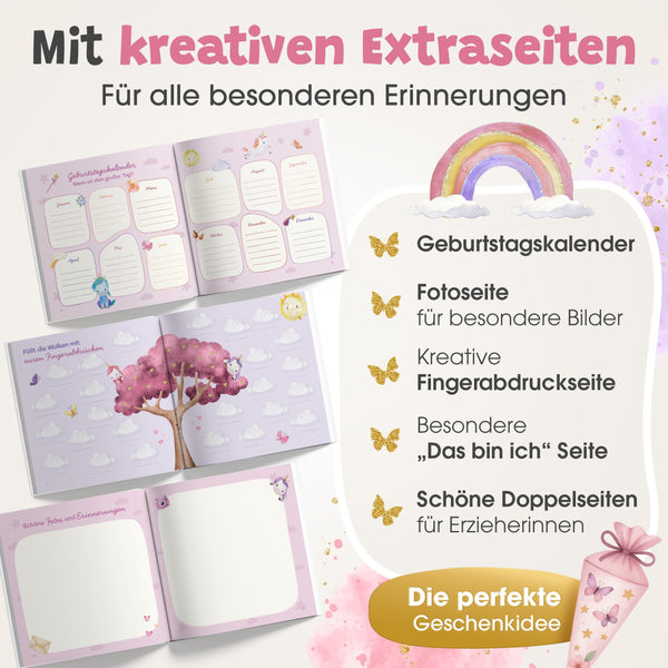 Geöffnete Extraseiten des Eulentaler Kindergarten-Freundebuchs mit Einhörnern und Feen, unter anderem mit Geburtstagskalender und Fotoseite