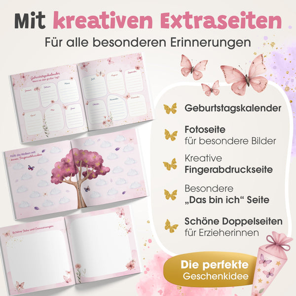 Geöffnete Extraseiten des Eulentaler Kindergarten-Freundebuchs mit Schmetterlingen und Blumen, unter anderem mit Geburtstagskalender und Fotoseite