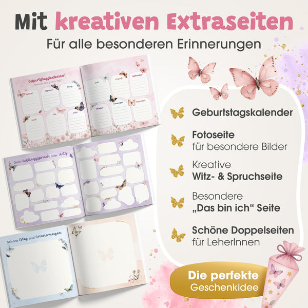Geöffnete Seiten eines Freundebuchs mit Schmetterlingsdesign zeigen kreative Extraseiten für Geburtstagskalender, besondere Fotos, Witze und Sprüche, „Das bin ich“ sowie Erinnerungen an Lehrerinnen und Lehrer.
