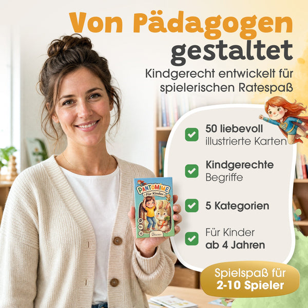 Eulentaler Pantomime-Spiel für Kinder ab 4 Jahren mit 50 liebevoll illustrierten Karten, 5 Kategorien und Spielspaß für 2–10 Spieler, von Pädagogen gestaltet.
