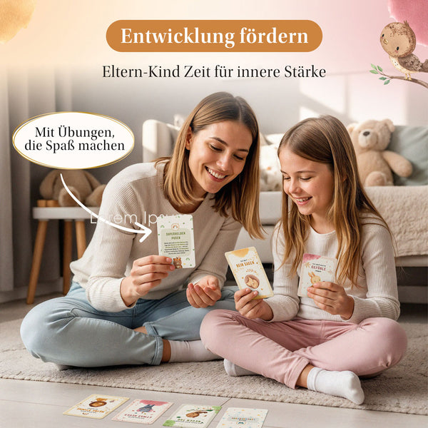 Mutter und Tochter nutzen gemeinsam Eulentaler Affirmationskarten mit spielerischen Übungen zur Förderung von innerer Stärke, Gefühlen und Selbstvertrauen.
