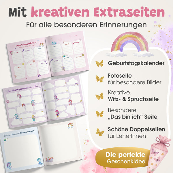 Geöffnete Seiten eines Freundebuchs mit Geburtstagkalender, Foto- und Erinnerungsseiten, Witz- und Spruchseite, „Das bin ich“-Seite sowie Doppelseiten für Lehrerinnen und Lehrer, gestaltet mit Einhörnern, Regenbogen und Schmetterlingen.

