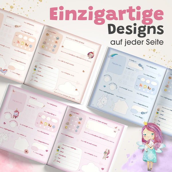 Mehrere geöffnete Freundebuch-Doppelseiten in Rosa und Blau mit Einhorn-, Regenbogen- und Feenmotiven sowie Feldern für Name, Geburtstag, Sternzeichen, Lieblingsessen, Hobbys und persönliche Wünsche; darüber der Hinweis „Einzigartige Designs auf jeder Seite“.
