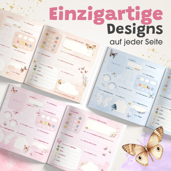 Mehrere geöffnete Freundebuch-Doppelseiten in Rosa, Apricot und Blau mit Schmetterlingsmotiven, kreativen Fragen und Feldern für Name, Spitzname, Geburtstag, Sternzeichen, Hobbys, Lieblingsfächer und persönliche Wünsche; darüber der Hinweis „Einzigartige Designs auf jeder Seite“.

