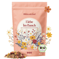 Blütenkind Bio-Schwangerschaftstee „Liebe im Bauch“ in rosa Verpackung mit floralem Design, Bio-Siegel und loser Kräuterteemischung für alle drei Trimester.
