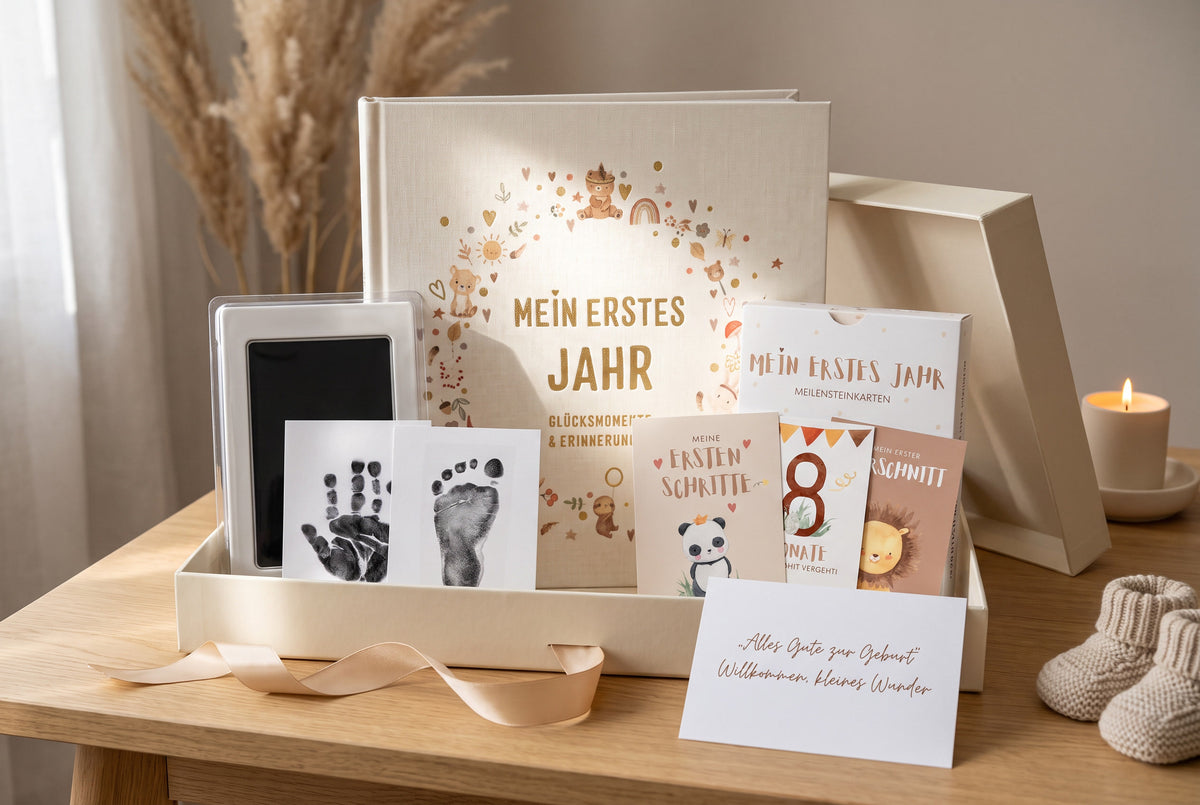 Komplett-Set Leinen mit Babyalbum, Abdruckset und Meilensteinkarten auf dem Tisch