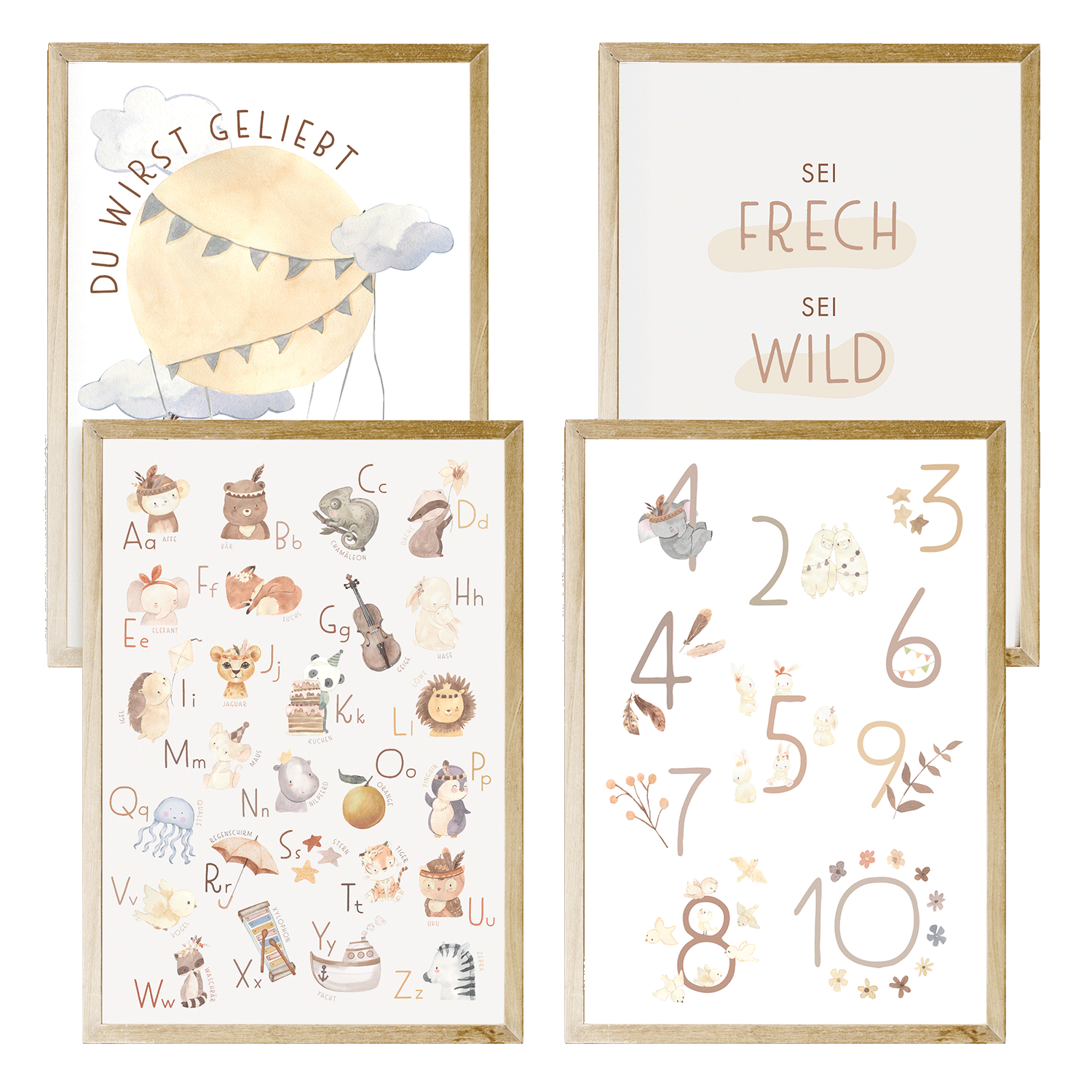 Set aus vier Kinderzimmerpostern mit Alphabet-, Zahlen-, Luftballon- und Motivationssprüchen, ideal zur Dekoration und frühen Förderung.