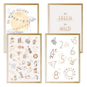 Set aus vier Kinderzimmerpostern mit Alphabet-, Zahlen-, Luftballon- und Motivationssprüchen, ideal zur Dekoration und frühen Förderung.