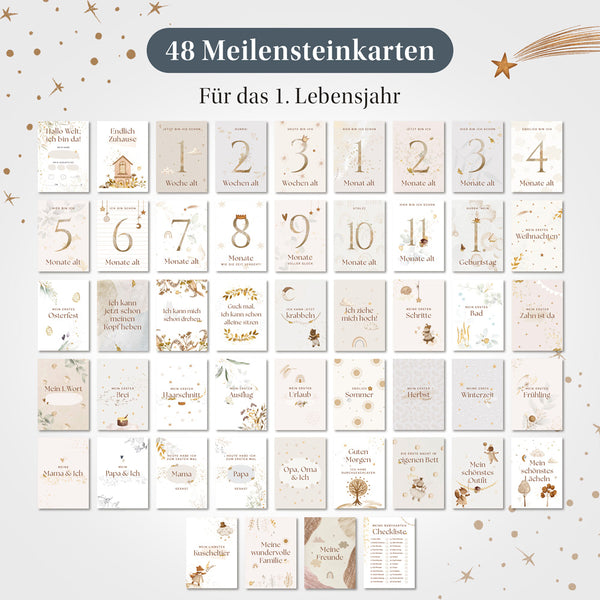 48 Eulentaler Meilensteinkarten für Babys im Scandi-Design für das erste Lebensjahr mit Monatskarten, ersten Malen, Festen und besonderen Entwicklungsschritten.

