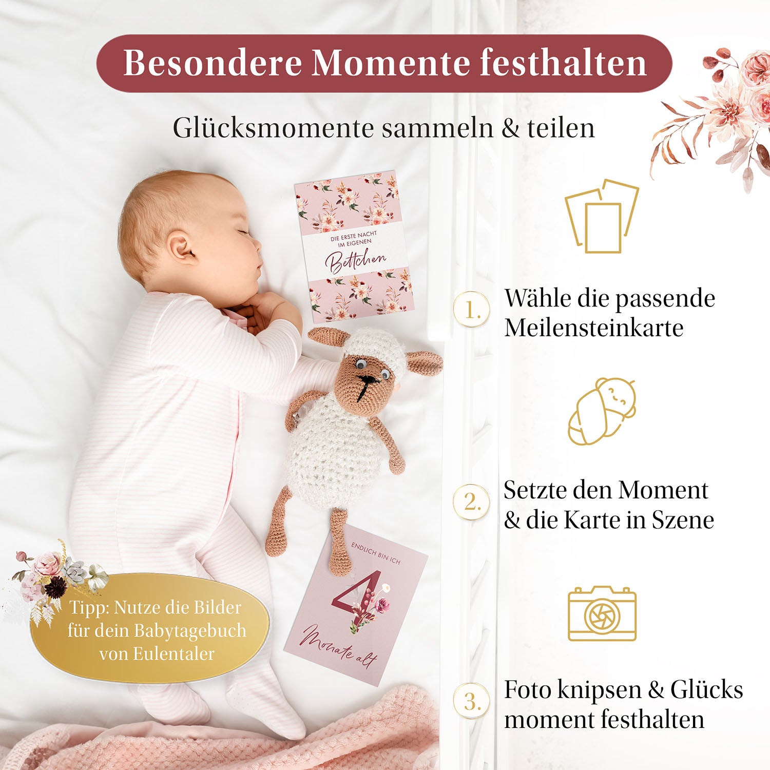 Besondere Momente festhalten: Wähle eine Meilensteinkarte, setze sie in Szene und halte den Glücksmoment deines Babys fest.