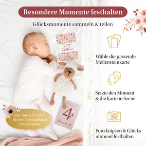 Besondere Momente festhalten: Wähle eine Meilensteinkarte, setze sie in Szene und halte den Glücksmoment deines Babys fest.