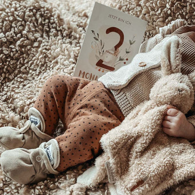 Baby liegt mit Kuschelhase auf einer weichen Decke neben einer Eulentaler Meilensteinkarte „Jetzt bin ich 2 Monate alt“.
