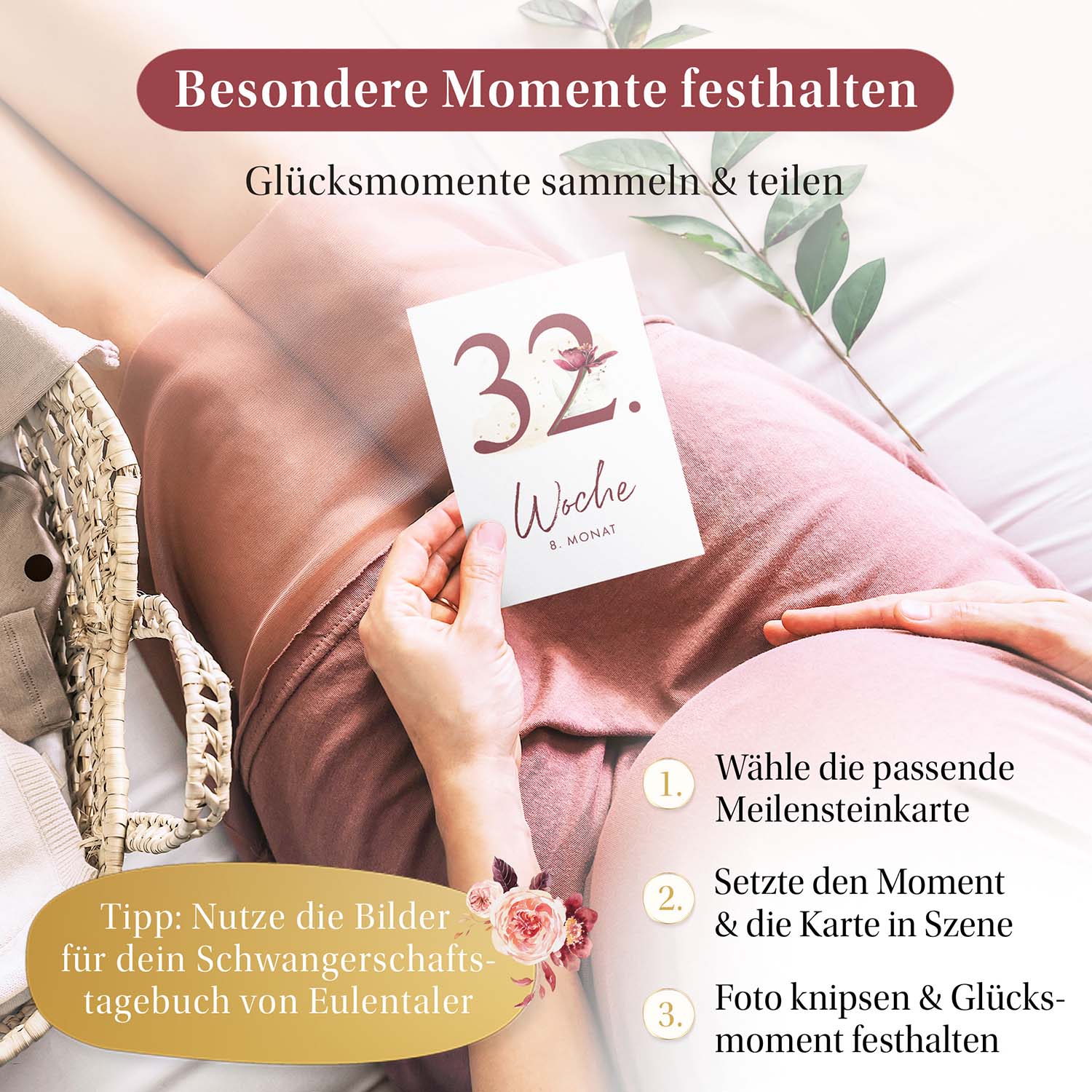 Schwangere Frau hält Meilensteinkarte der 32. Woche - Erinnerungen festhalten und mit dem Schwangerschaftstagebuch von Eulentaler dokumentieren.
