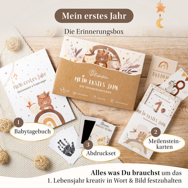 Eulentaler Erinnerungsbox „Mein erstes Jahr“ mit Babytagebuch, Meilensteinkarten und Abdruckset zum kreativen Festhalten des ersten Lebensjahres.
