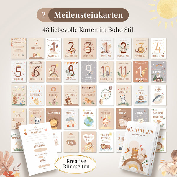 48 Eulentaler Meilensteinkarten für Babys im Boho-Stil mit Monatskarten, ersten Malen, Festen, Jahreszeiten und kreativ gestalteten Rückseiten.
