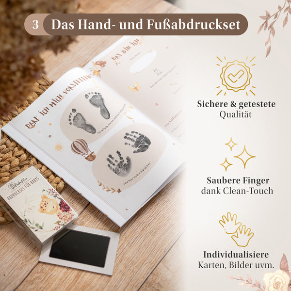 Eulentaler Clean-Touch-Hand- und Fußabdruckset für Babys mit sicheren, getesteten Stempelkissen und sauberen Abdrücken im Babyalbum.
