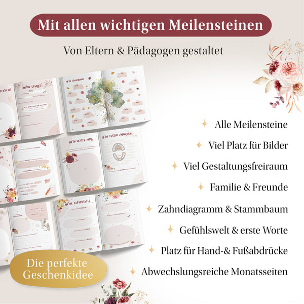 Geöffnete Seiten des Eulentaler Babyalbums mit Meilensteinen, Stammbaum, Zahndiagramm, Gefühlswelt, ersten Worten sowie Platz für Fotos und Hand- und Fußabdrücke.
