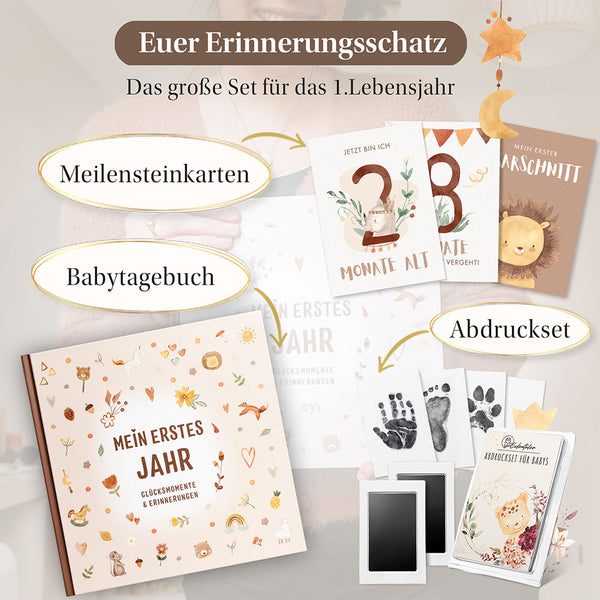 Eulentaler Erinnerungsset für das erste Lebensjahr mit Babytagebuch „Mein erstes Jahr“, Meilensteinkarten und Abdruckset für Hand- und Fußabdrücke.
