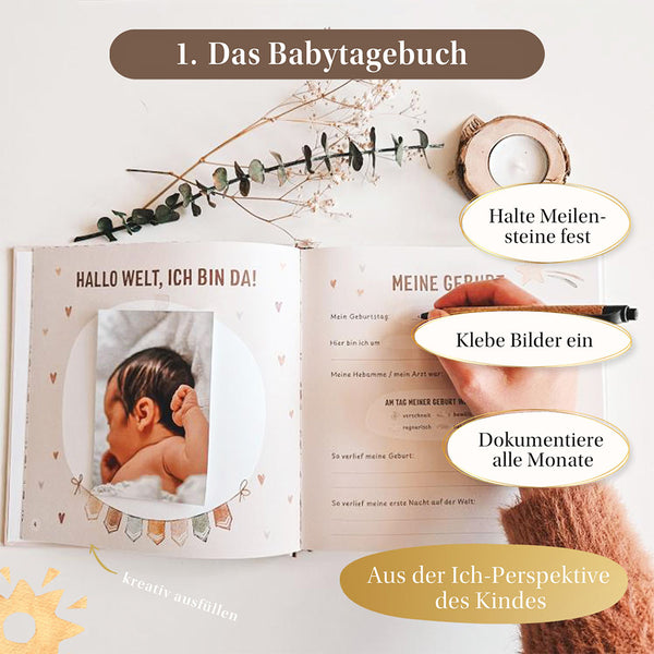 Geöffnetes Eulentaler Babytagebuch mit Babyfoto und Geburtsseite zum Festhalten von Meilensteinen, Monatsmomenten und Erinnerungen aus der Ich-Perspektive des Kindes.
