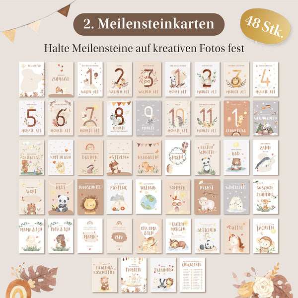 48 Eulentaler Meilensteinkarten für Babys im Boho-Design für Monatsalter, erste Male, Feste, Jahreszeiten und besondere Entwicklungsschritte.
