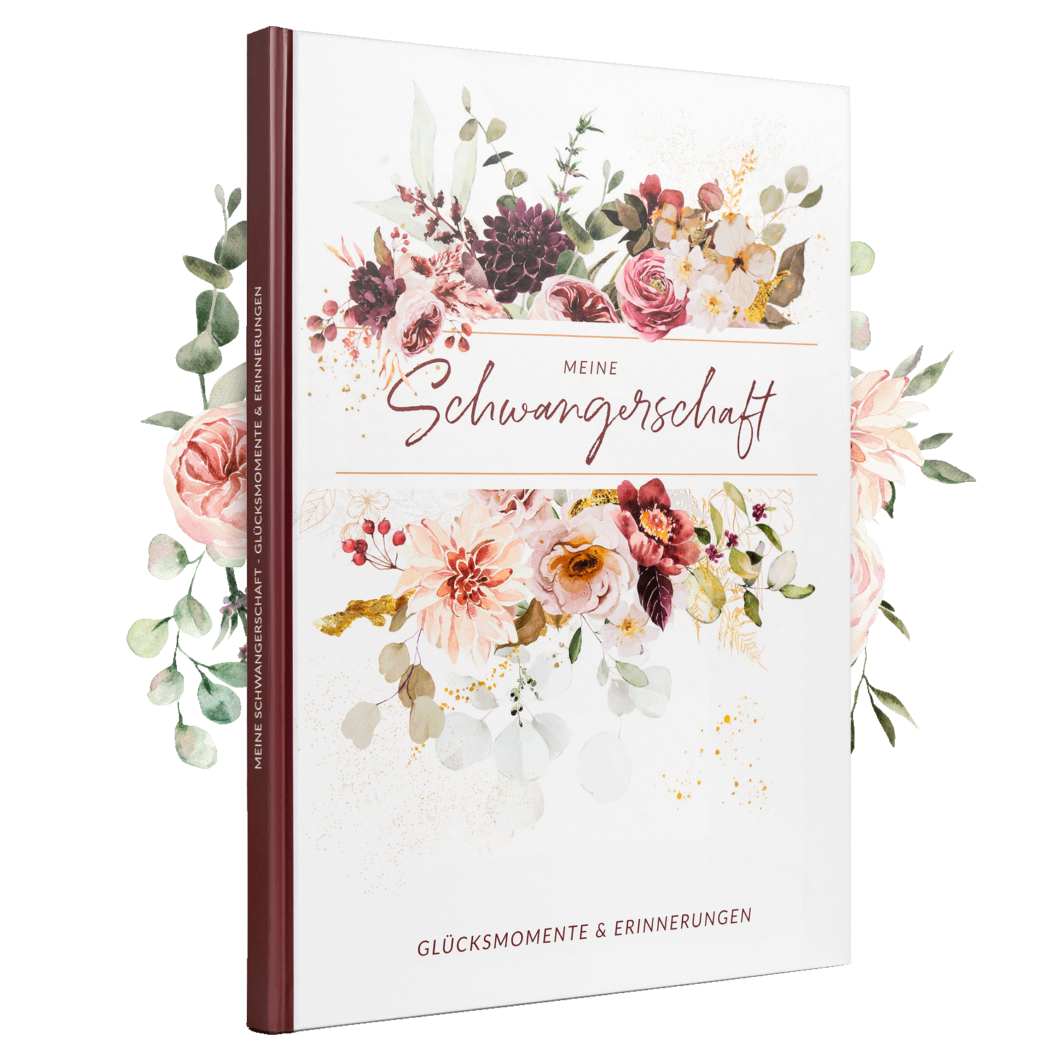 "Cover des Schwangerschaftstagebuchs 'Meine Schwangerschaft' mit floralen Motiven und der Aufschrift '84 Seiten, Glücksmomente & Erinnerungen'."