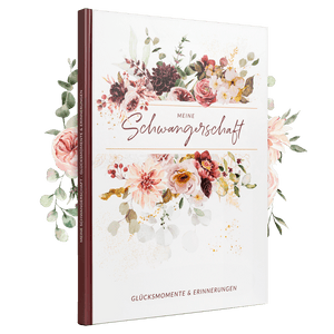 "Cover des Schwangerschaftstagebuchs 'Meine Schwangerschaft' mit floralen Motiven und der Aufschrift '84 Seiten, Glücksmomente & Erinnerungen'."