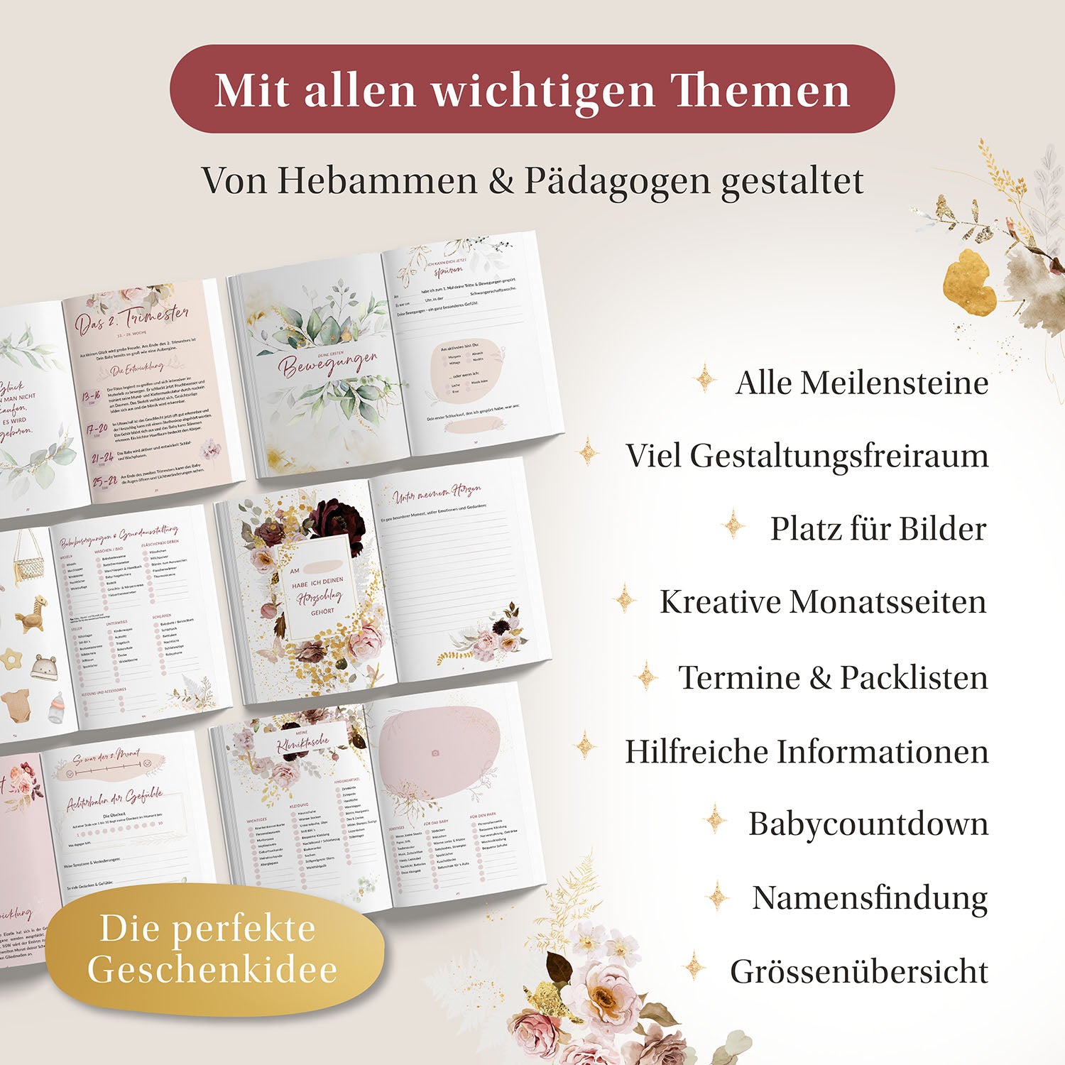 "Schwangerschaftstagebuch in elegantem Design mit Bereichen für Notizen, Erinnerungen, Fotos, Baby-Countdown, Ultraschallbilder und mehr."