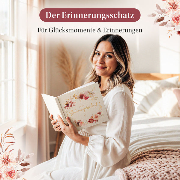 Eine schwangere Frau hält ein offenes Schwangerschaftstagebuch mit floralen Akzenten und dem Text "Meine Schwangerschaft". Das Buch ist cremefarben mit einem floralen Kranzdesign. Das Bild enthält den Text "Der Erinnerungsschatz" und "Für Glücksmomente & Erinnerungen".