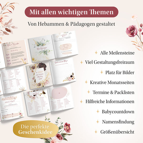 Offenes Schwangerschaftstagebuch mit floralen und botanischen Illustrationen. Der Text lautet "Mit allen wichtigen Themen" und "Die perfekte Geschenkidee". Zusätzlicher Text enthält "Alle Meilensteine", "Viel Gestaltungsfreiraum" und "Platz für Bilder".