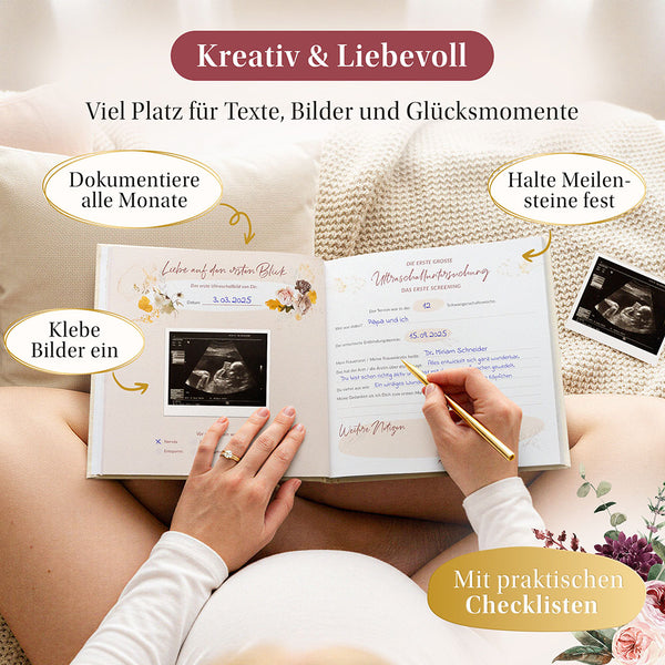 Ein offenes Schwangerschaftstagebuch mit Platz für Fotos und Text. Das Buch ist zu einer Seite mit einem Ultraschallbild und handschriftlichen Notizen geöffnet. Der Text "Kreativ & Liebevoll" steht oben, mit anderem Text auf Deutsch.