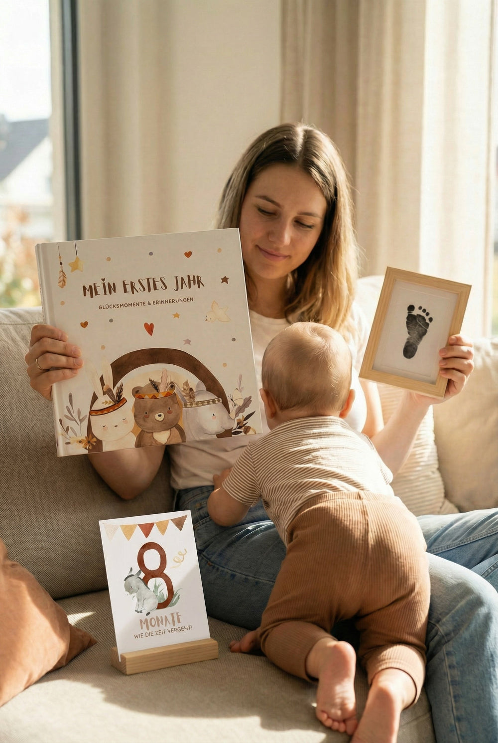 Mutter mit Baby zeigt das Eulentaler Babyalbum „Mein erstes Jahr“, eine Meilensteinkarte für 8 Monate und einen gerahmten Babyfußabdruck.
