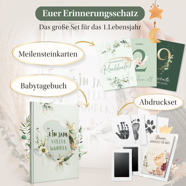 Eulentaler Erinnerungsset für das erste Lebensjahr mit grünem Babytagebuch „Ein Jahr voller Wunder“, Meilensteinkarten und Abdruckset für Hand- und Fußabdrücke.
