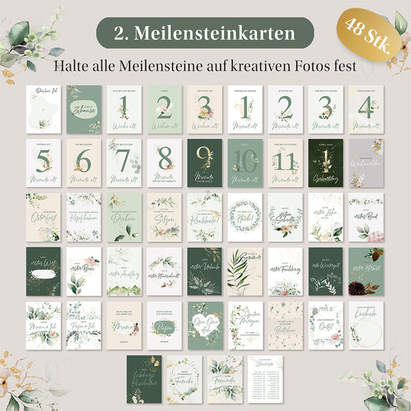 48 Eulentaler Meilensteinkarten für Babys im grünen floralen Design für Monatsalter, erste Male, Feste und besondere Entwicklungsschritte.

