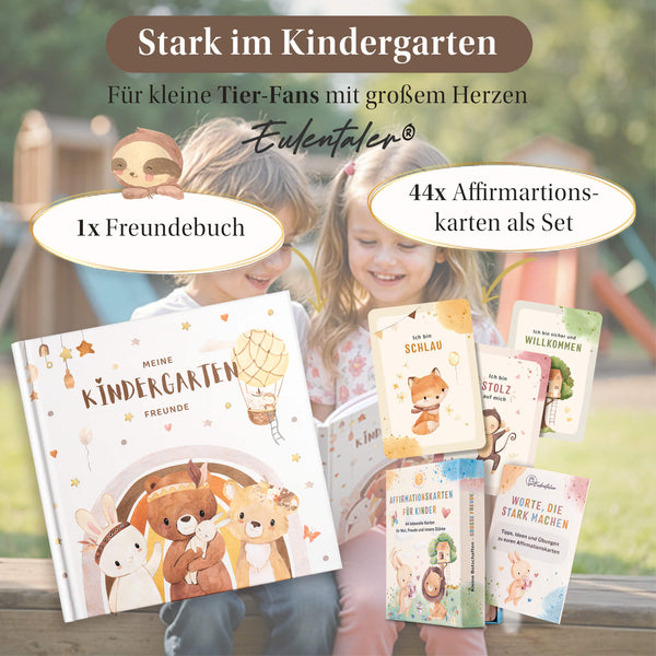 Eulentaler Kindergarten-Sparset mit Waldtier-Freundebuch und 44 Affirmationskarten für Kinder zur Stärkung von Mut, Freude und Selbstvertrauen.