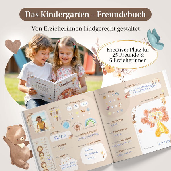 Eulentaler Kindergarten-Freundebuch mit Waldtiermotiven, kindgerecht gestaltet für 25 Freunde und 6 Erzieherinnen, mit kreativen Eintrageseiten und Platz für Fotos.
