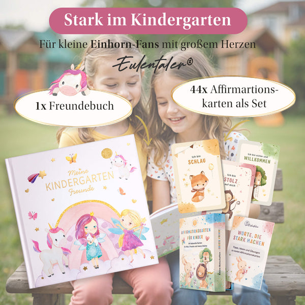 Eulentaler Kindergarten-Sparset für Einhorn-Fans mit Freundebuch und 44 Affirmationskarten für Mut, Freude und innere Stärke.
