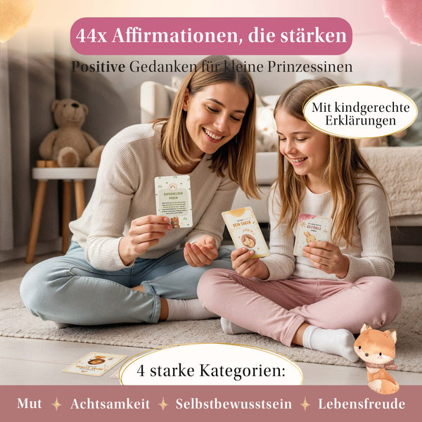 Mutter und Tochter entdecken gemeinsam 44 Eulentaler Affirmationskarten mit kindgerechten Erklärungen zu Mut, Achtsamkeit, Selbstbewusstsein und Lebensfreude.

