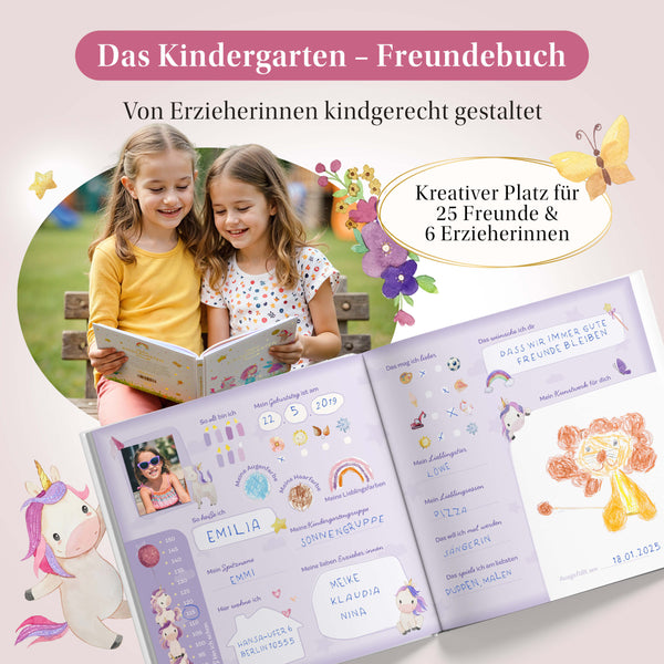 Eulentaler Kindergarten-Freundebuch mit Einhornmotiven, kindgerecht gestaltet für 25 Freunde und 6 Erzieherinnen, mit kreativen Eintrageseiten und Platz für Fotos.
