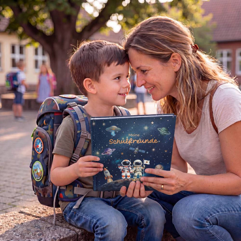 Junge mit Schulranzen hält gemeinsam mit seiner Mutter das Eulentaler Weltall-Schulfreundebuch mit Astronauten und Planeten vor einer Schule