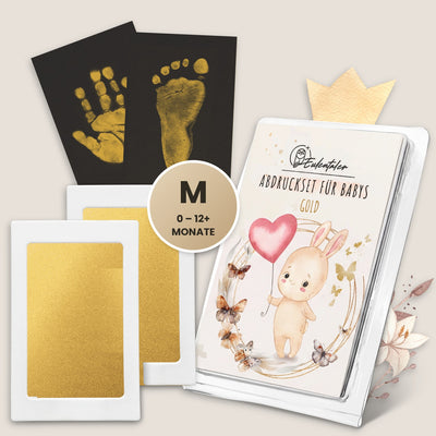 Eulentaler Clean-Touch Abdruckset für Babys mit zwei goldenen Stempelkissen und vier schwarzen Karten für Hand- und Fußabdrücke