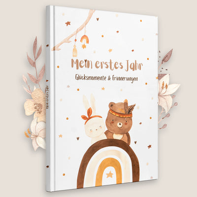 Erinnerungsalbum 'Mein erstes Jahr' mit süßen Tiermotiven, ideal zur Dokumentation von Glücksmomenten und Erinnerungen im ersten Lebensjahr.