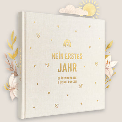 Eulentaler Babytagebuch „Mein erstes Jahr“ im schlichten Boho-Pure-Design mit liebevoll illustrierten Tiermotiven und Goldprägung.
