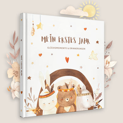 Erinnerungsalbum 'Mein erstes Jahr' - Perfekt für die ersten Glücksmomente und Erinnerungen deines Kindes, liebevoll gestaltet mit süßen Tiermotiven.